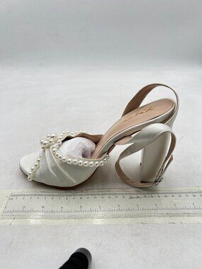 XYD White Pearl Chunky Heel Open Toe Sandals Silk Satin Rhinestone Dress Shoes